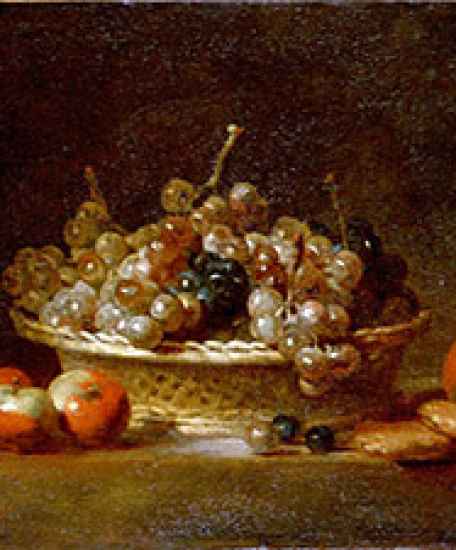 Jean Siméon Chardin, Nature morte à la corbeille de raisins avec trois pommes, une poire et deux massepains, 1765