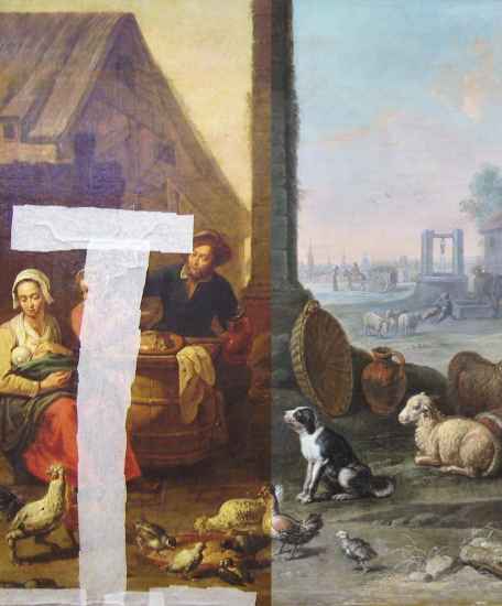 Un avant/après de la toile d'Abraham Willemsen "le repas à la ferme"